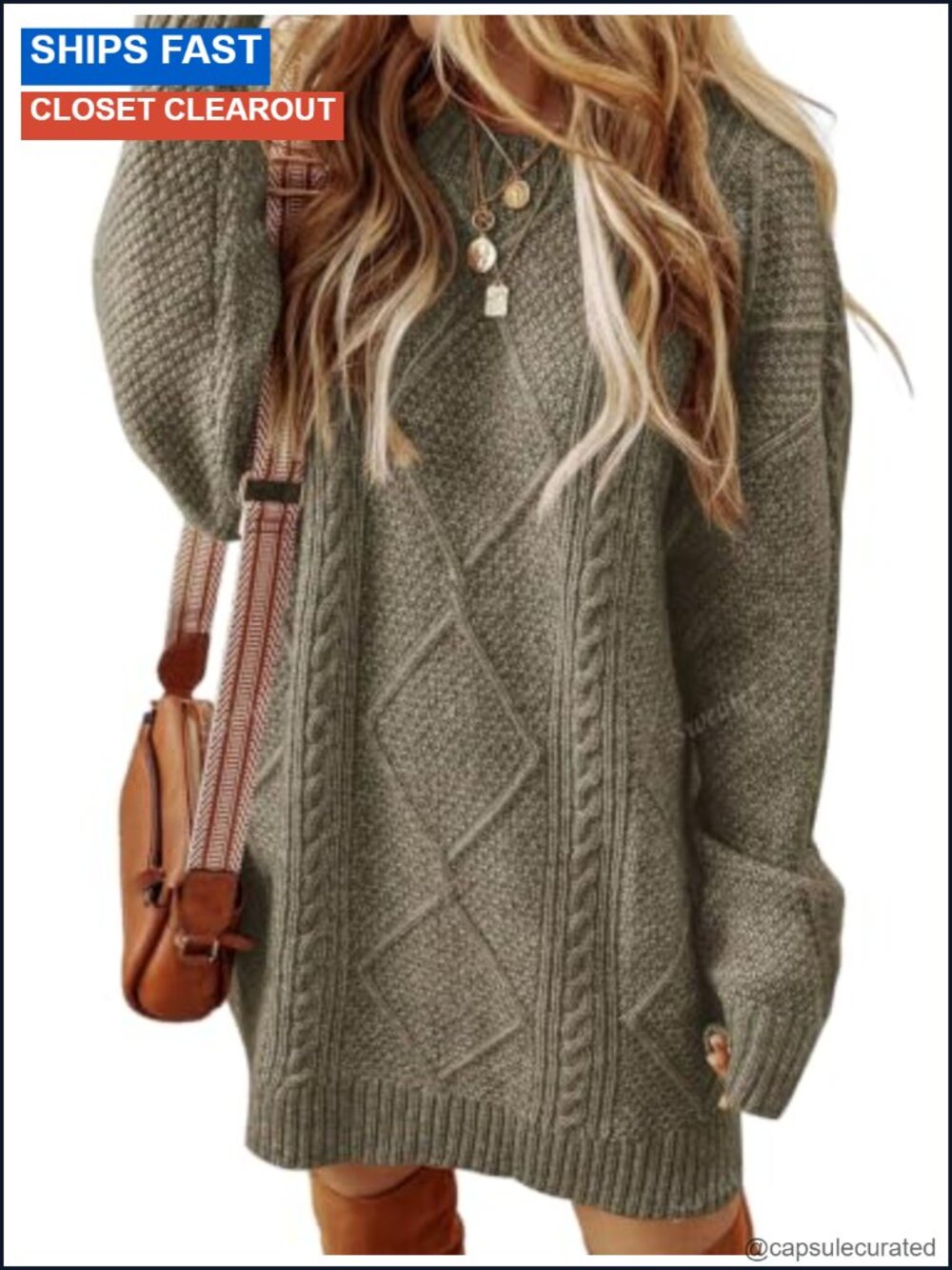 Cable Knit Sweater Dress Oversized Long Sleeve Mini Pullover